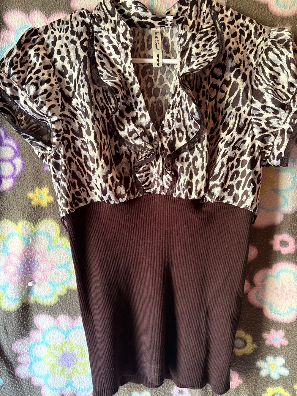 Heart Soul Brown Ribbed Tunic with Leopard-Print Ruffle Yoke
